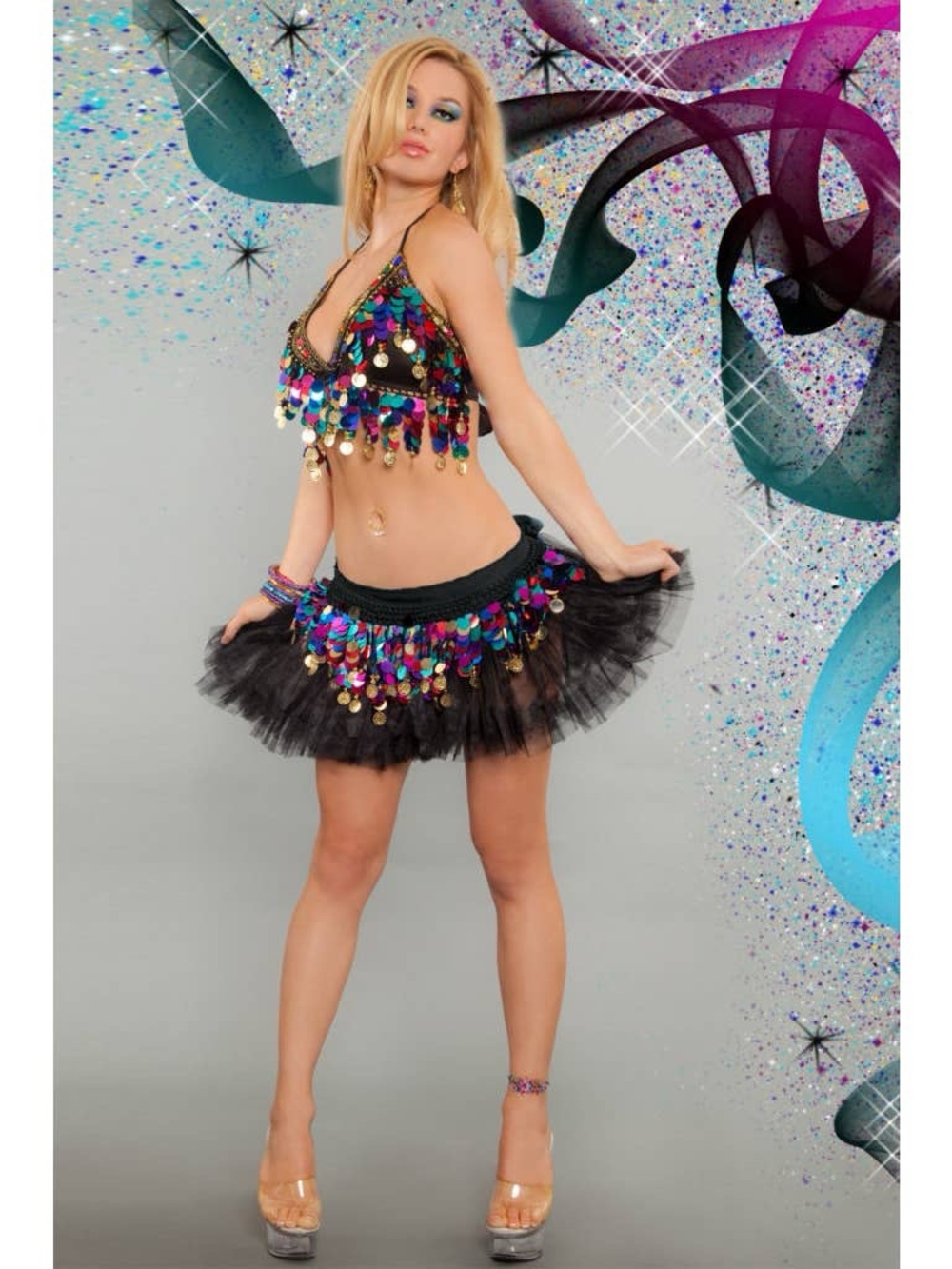 Dance Costume Black Halter Multicolor Large Sequin Coin Crop Top